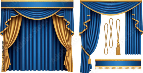 Elegant blue and gold theatre stage curtains with ornate tie-backs and valance, decorative drapery for performance or event backdrop, tie back, red carpet, stage lighting