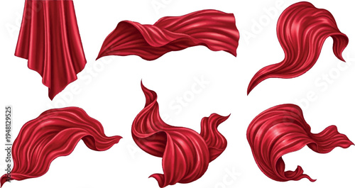 Dynamic flowing red fabric elements, graceful waves and swirls of silk cloth, perfect for decorative backgrounds or abstract design, fabric swatch, abstract background