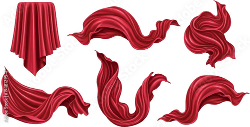 Set of realistic flowing red fabric elements, diverse shapes and twists of draped silk cloth for background or design applications, fabric swatch, abstract background