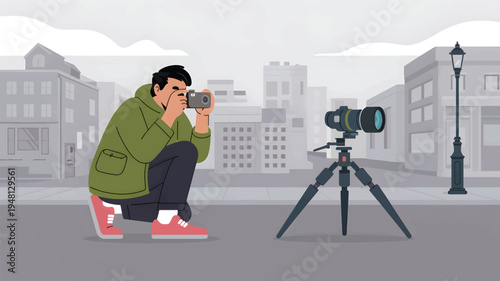 A man with a camera crouches in front of a camera on a tripod in a city, as a photographer