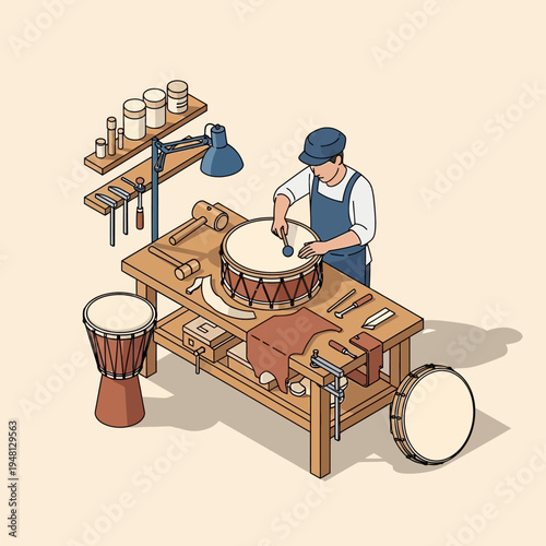 Artisan crafting a drum in a workshop, surrounded by tools and materials.