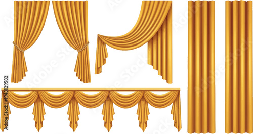 Golden yellow curtains and swags, elegant pleated drapery for stage, theatre, or luxurious window decoration, set of design elements, theater curtains, stage backdrop