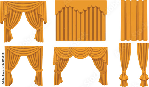 Golden orange drapes and pleated curtains, elegant valances and fabric elements for stage or interior design, graphic set, theater curtains, stage backdrop, window treatment