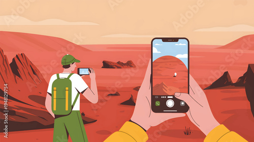 A person taking a red desert landscape with a phone