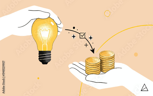 Turning Ideas into Profit: Minimalist Vector of Lightbulb Converting to Gold Coins