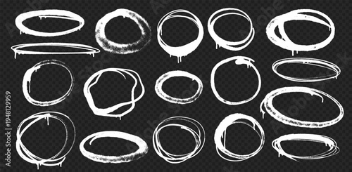 Hand drawn circles, ellipses and bubble shapes to highlight text. Graffiti spray paint style round outline elements with splashes and drips. Rough doodle stencil shapes. Vector illustration.