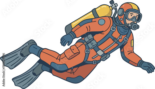 Scuba Diver in Orange Wetsuit Swimming Vector Illustration