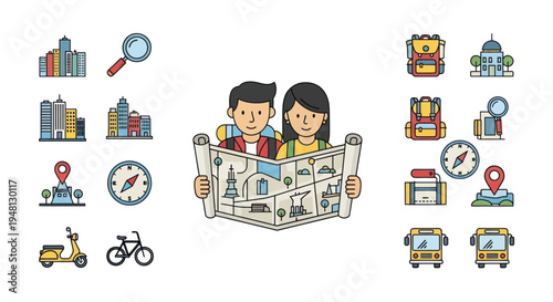 A colorful cartoon illustration set of travel and tourism icons featuring a couple with a city map landmarks and transportation.