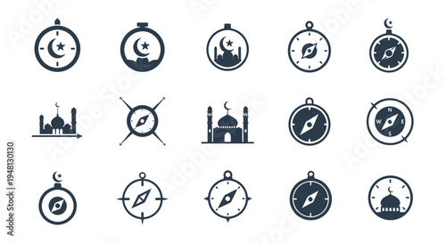 A collection of Islamic Qibla compass and mosque icons.