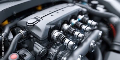 Detailed close-up view of a modern internal combustion engine's complex mechanical components