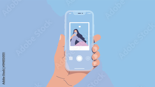 Hand holding smartphone taking selfie with heart mobile phone cell phone