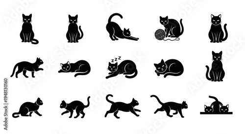 Collection of Black Cat Silhouettes in Various Poses and Activities.