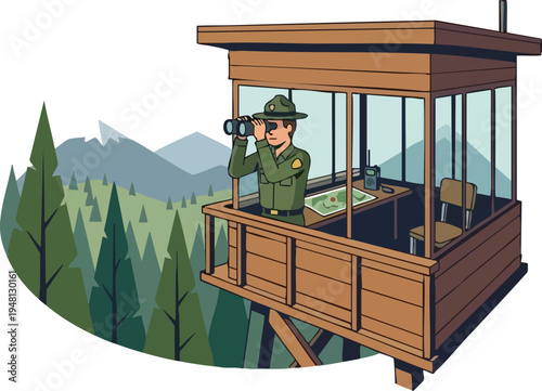 Forest Ranger in Lookout Tower Monitoring Mountain Wilderness
