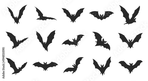 Diverse flying bat silhouettes set for Halloween or nocturnal themes.