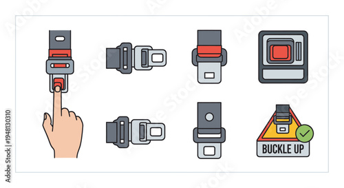Seat Belt Buckle Up Safety Icons Set with Hand Illustration.