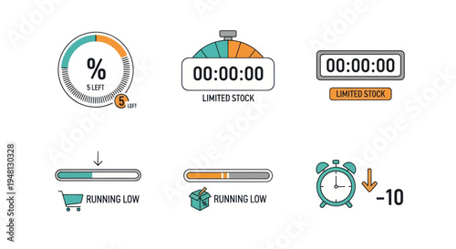 Collection of Time and Progress Indicators with Various Designs.