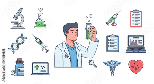 A collection of hand-drawn medical and scientific research doodle icons with a central scientist figure.