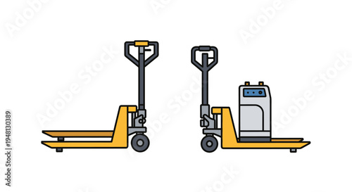 Two Yellow and Black Pallet Jacks Illustration on White.