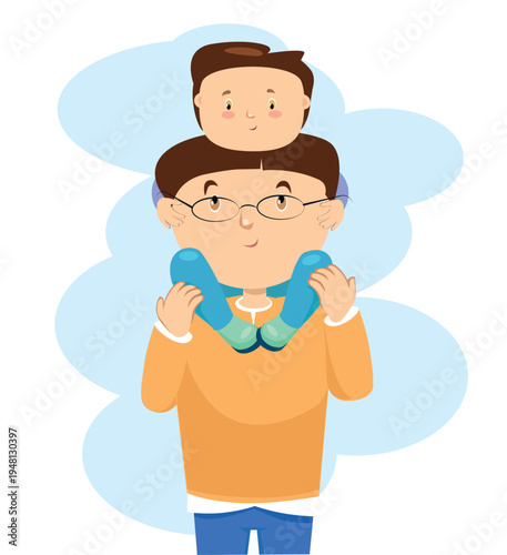 Father holding small son on his shoulders, happy fatherhood and family time.