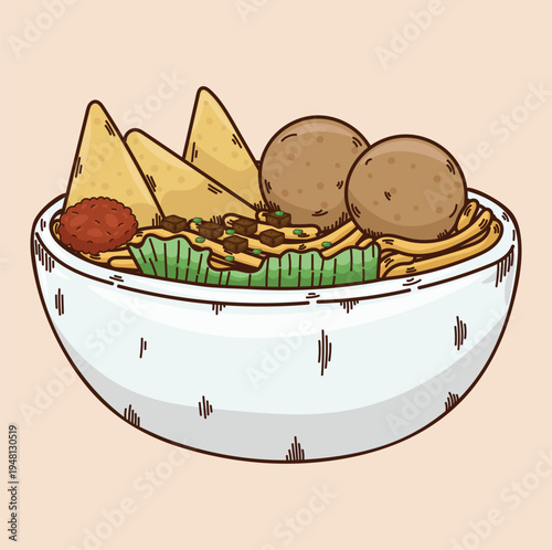 Indonesian meatballs with noodles crackers vegetables and pieces of meat street food spicy