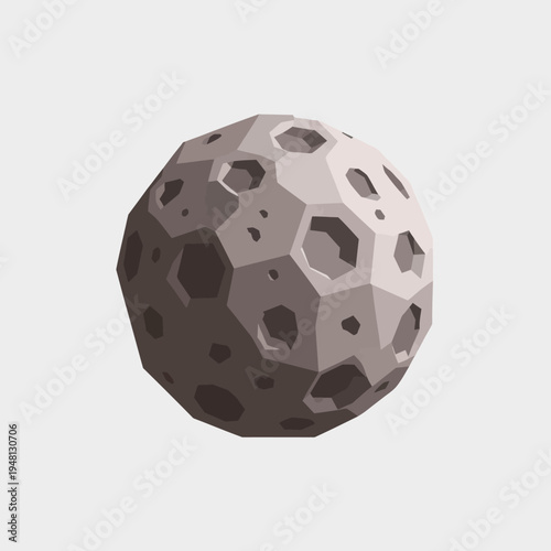 A low-poly 3D rendering of a celestial body, resembling a moon with craters.