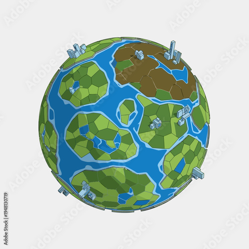 A low-poly 3D rendering of a stylized planet with continents and cities.