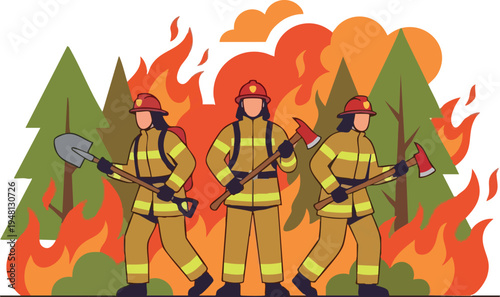 Firefighters Fighting Wildfire in Forest Vector Illustration