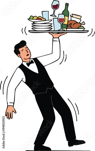 Clumsy Waiter Balancing Overloaded Food Tray Illustration