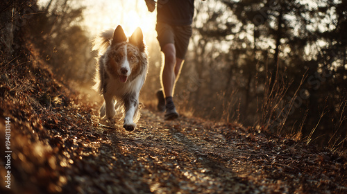 ultra realistic person jogging with energetic dog in sunny park, active lifestyle with happy pet companion running on green grass, cinematic outdoor fitness and morning exercise scene