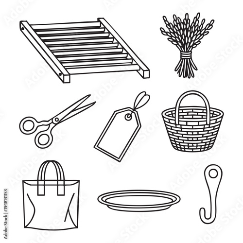 Black and white line of various household and crafting including a basket, scissors, and a tag