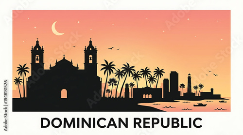 Vibrant Dominican Republic cityscape silhouette at sunset with palm trees and crescent moon