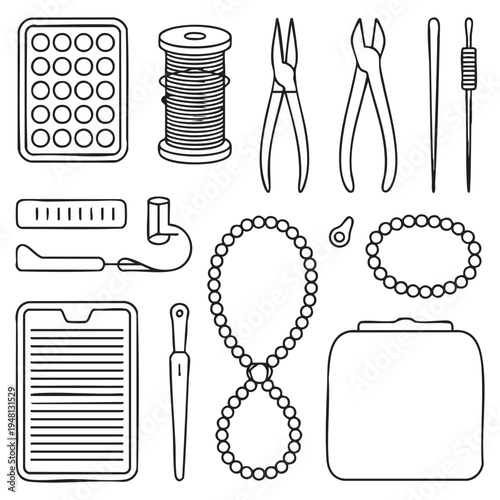 Set of jewelry making tools and accessories in a line style pliers wire