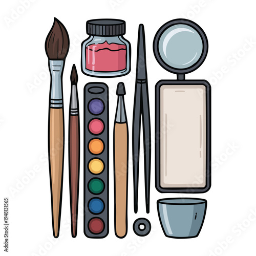 Set of makeup brushes, palette, and tools with watercolor paints and a magnifying mirror