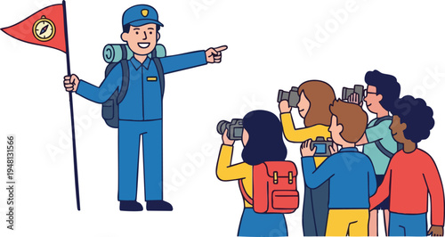 Tour guide leading a group of tourists with cameras