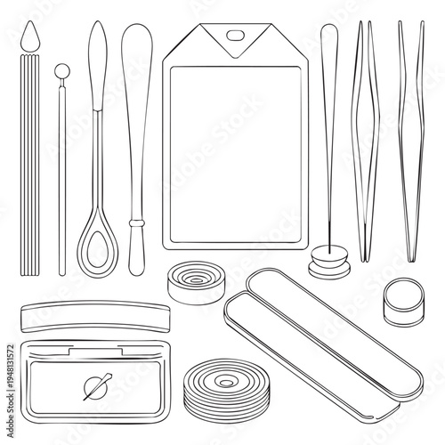 Set of various kitchen utensils and tools in a line style cooking tools line spatula tongs