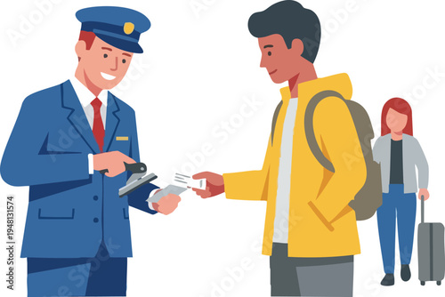 Train conductor checking ticket of a young male passenger