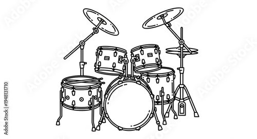 Detailed Drum Set Illustration with Cymbals and Various Drums.