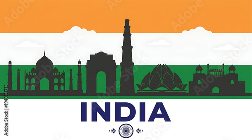 Vibrant India flag with iconic landmarks and cityscape silhouette, representing national pride and cultural heritage.