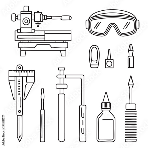 Various industrial tools and equipment in a line safety goggles caliper screwdrivers measuring tool