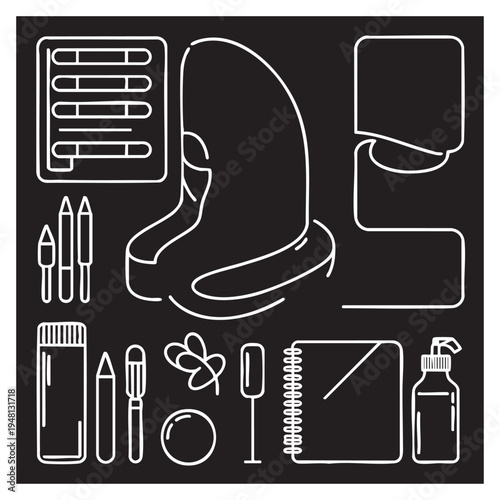 White line of manicure tools and supplies on black background nail scissors brush