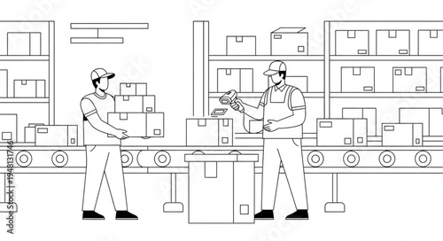 Workers on an assembly line handling boxes in a factory.