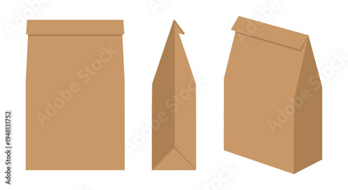 Three brown paper bags in varying stages of being opened