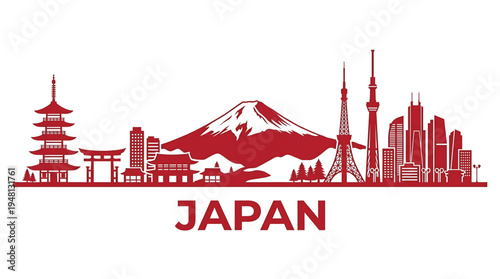 Vibrant red Japan cityscape silhouette with iconic landmarks and Mount Fuji on white background