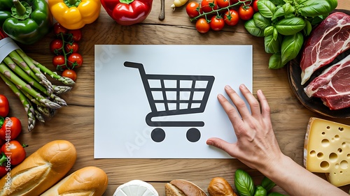 Shopping cart symbol with fresh food on wooden table