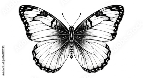 Detailed Black and White Butterfly Illustration with Open Wings.