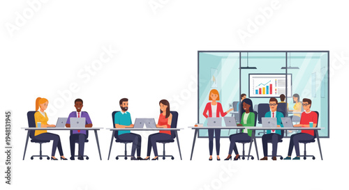 Diverse Team Meeting in Modern Office with Laptops and Presentation