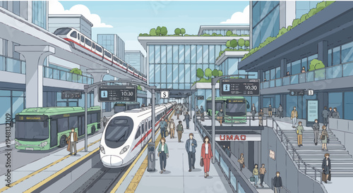 Modern City Transportation Hub with Monorail, Train, Buses, and People