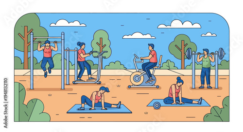 Outdoor Gym Fitness People Exercising in Park with Equipment and Green Trees