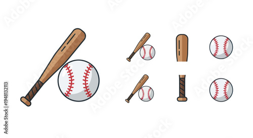 Wooden baseball bat and ball sports equipment icon set in a flat cartoon vector style.