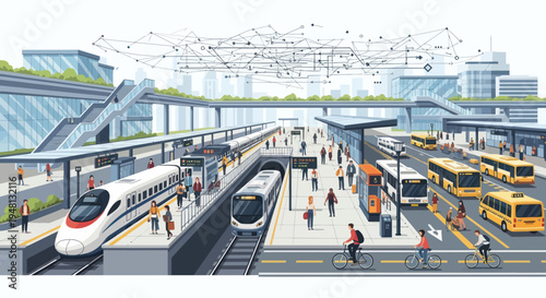Modern transportation hub with high-speed train, metro, buses, and smart city network